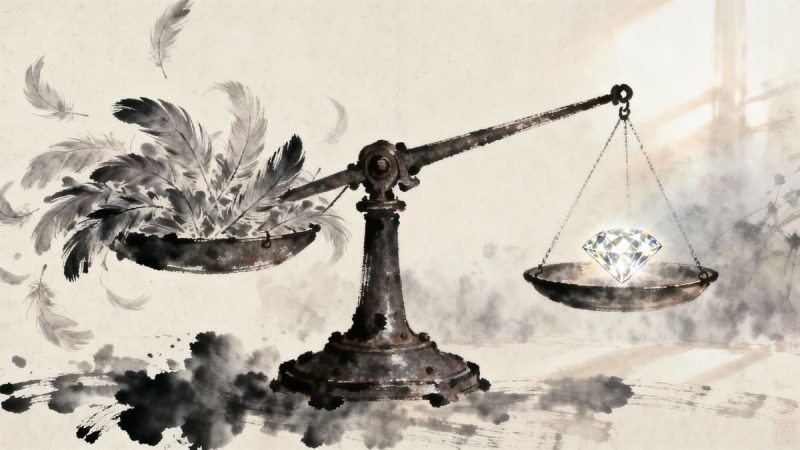 Eski, paslı bir kantarın bir kefesinde yüzlerce hafif tüyün, diğer kefesinde ise tek bir elmasın durduğu sanatsal bir kompozisyon.